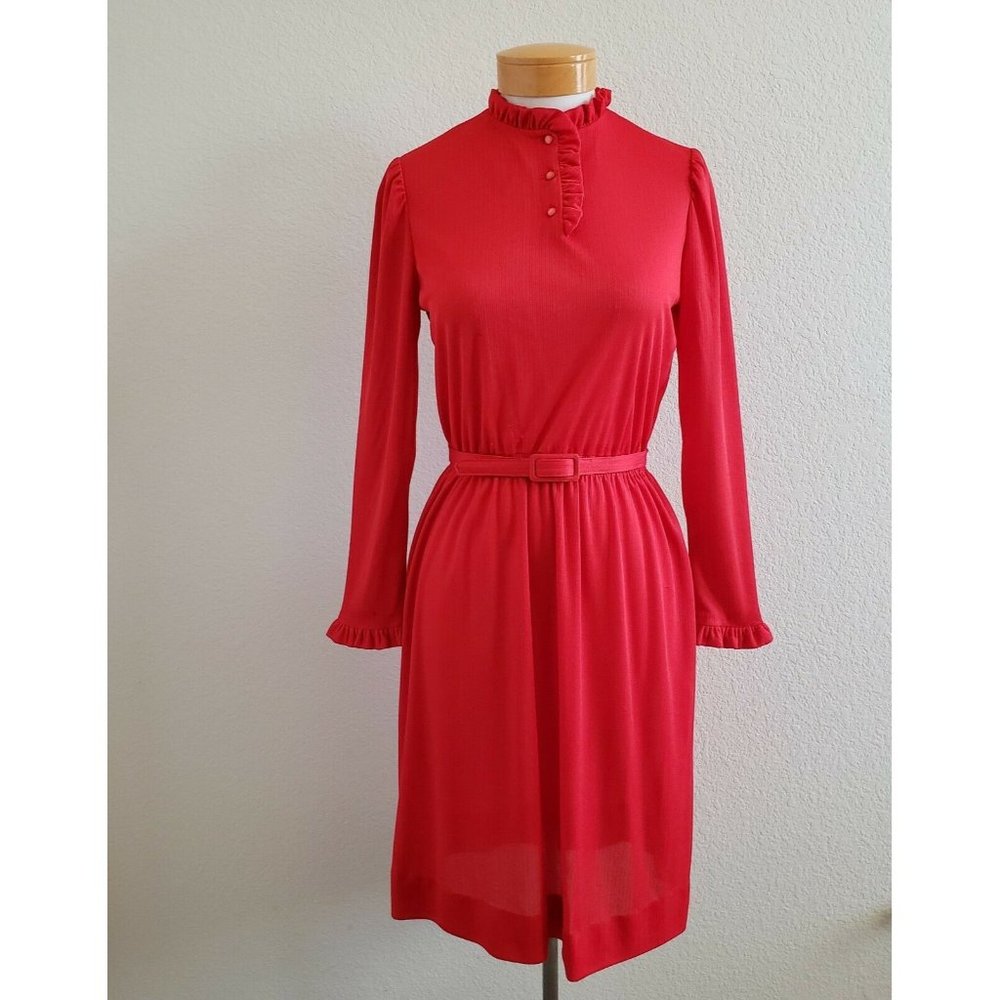 Elegant Vintage Red Long-Sleeve Dress Sz8 Strait Lane
